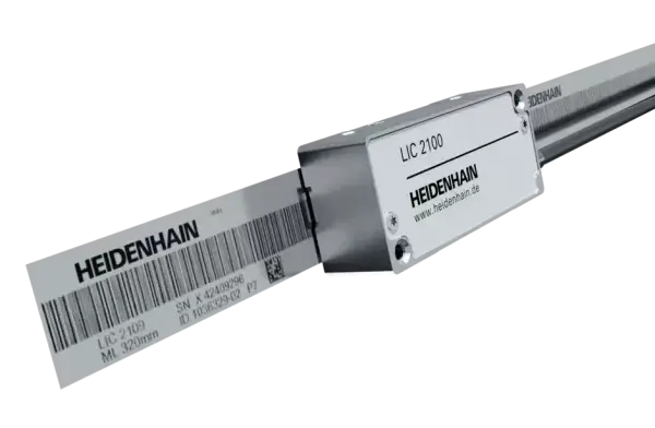 An LIC 2100 open linear encoder with a HEIENHAIN readhead and a steel tape scale with an absolute track.