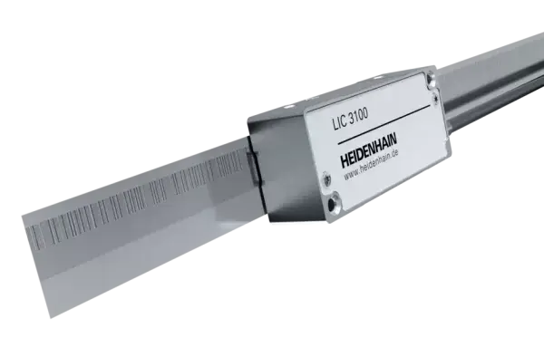 An LIC 3100 open linear encoder with a readhead and a steel tape scale shown with absolute and incremental tracks.