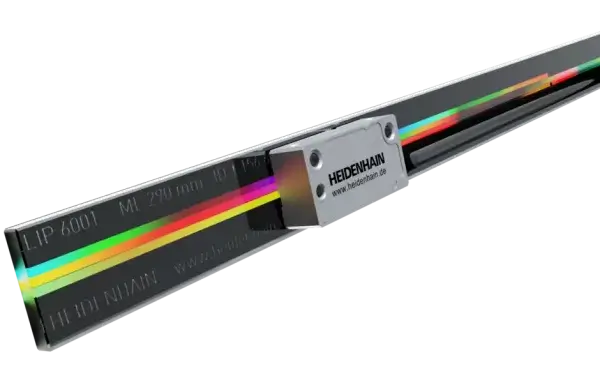 An LIP 6000 open linear encoder with a small readhead and narrow spar scale.