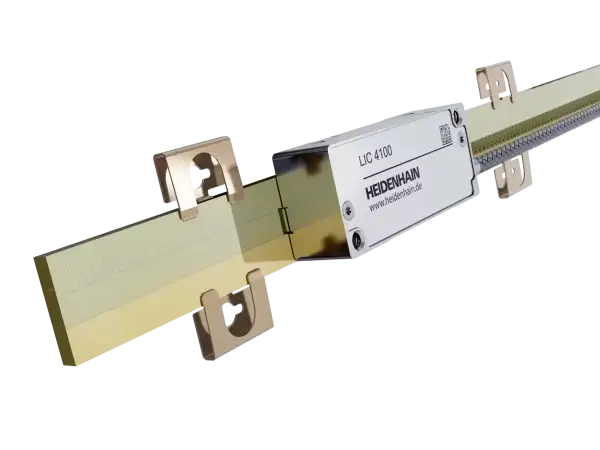 An LIC 4100 V open linear encoder with a readhead and a spar scale with clamping elements for mounting.
