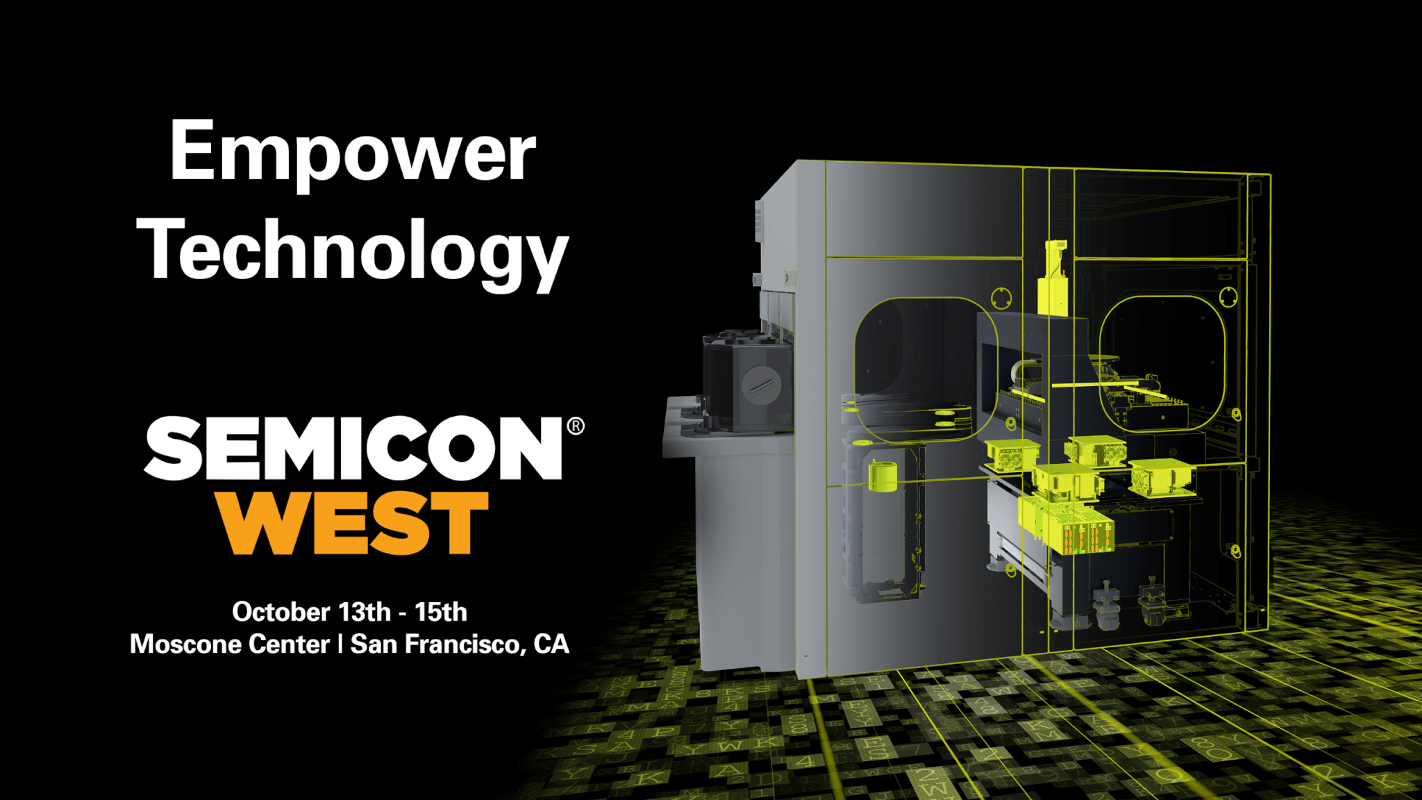 SEMICON West 2026 promotional graphic featuring semiconductor manufacturing equipment and event details.